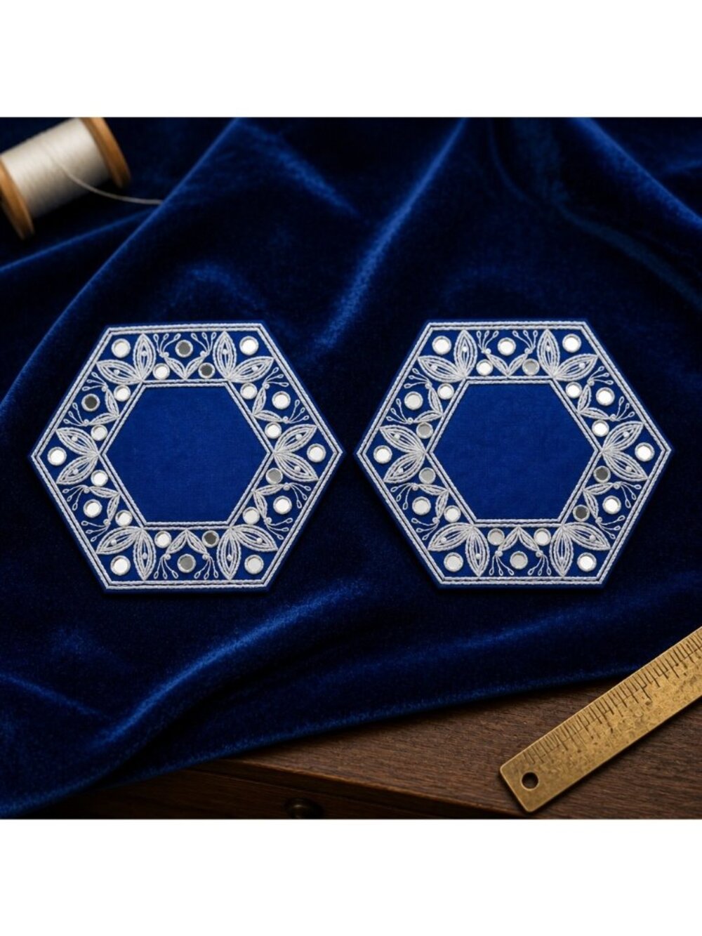 Vintage Blue Velvet Hexagon Embroidered Table Mat With Mirror Accents Set Of 2